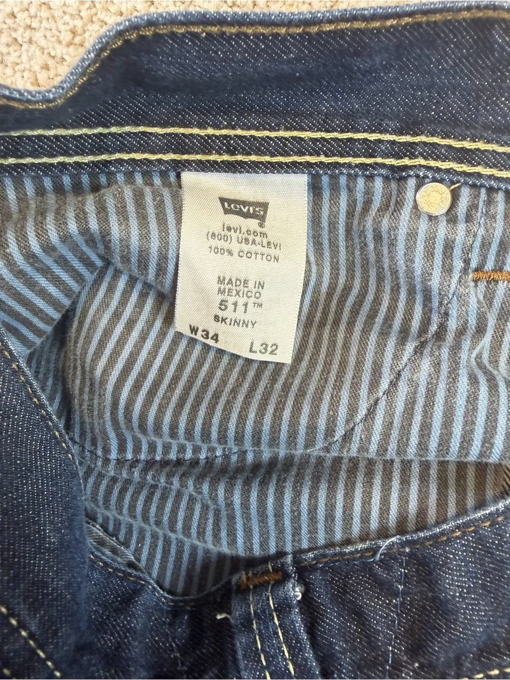 Levi's 511 Skinny Men's 34x32 Dark Wash Denim Zip Pockets Jeans